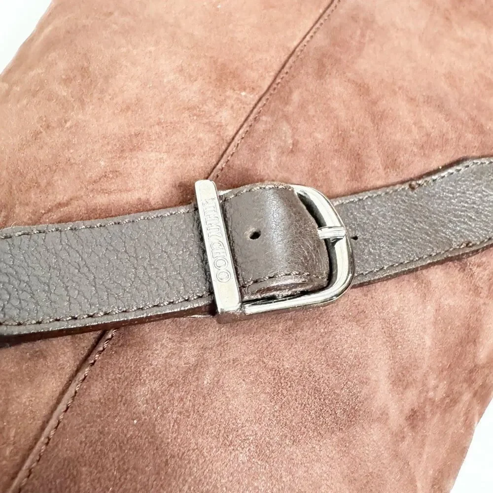 Jimmy Choo DARLA Riding Boots Tall Knee Buckles Flat Brown Leather Suede Size 38